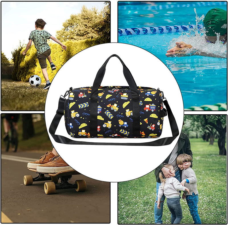 LOIDOU Duffle Bag for Boys Sport Gym Bag Kids Overnight Weekender Travel Duffel Bag with Wet Pocket & Shoe Compartment (Truck Black)