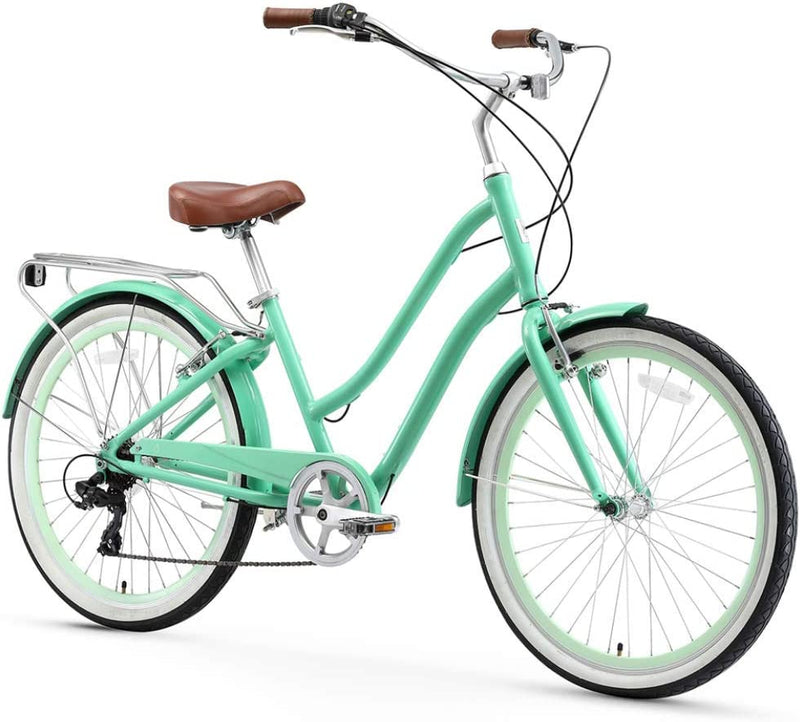 Sixthreezero Hybrid-Bicycles Evryjourney Women'S Step-Through Hybrid Cruiser Bicycle Sporting Goods > Outdoor Recreation > Cycling > Bicycles sixthreezero Mint Green w/Brown Seat/Grips 26"/7-speed 17.5inch/One Size