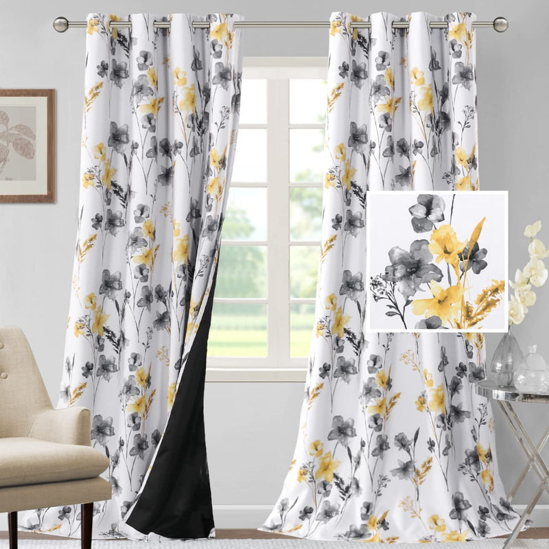 H.VERSAILTEX 100% Blackout Curtains 84 Inch Length 2 Panels Set Cattleya Floral Printed Drapes Leah Floral Thermal Curtains for Bedroom with Black Liner Sound Proof Curtains, Navy and Taupe Home & Garden > Decor > Window Treatments > Curtains & Drapes H.VERSAILTEX Grey/Yellow 52"W x 108"L 