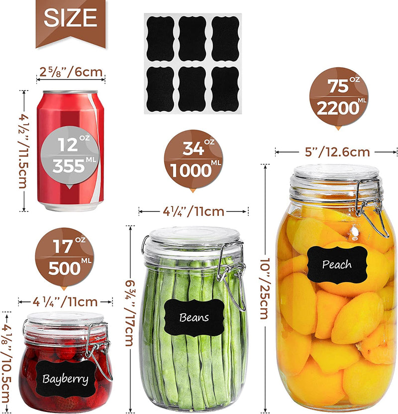Comsaf Airtight Glass Canister Set of 6 with Lids 17Oz Food Storage Jar round - Storage Container with Clear Preserving Seal Wire Clip Fastening for Kitchen Canning Cereal,Pasta,Sugar,Beans,Spice Home & Garden > Decor > Decorative Jars ComSaf   