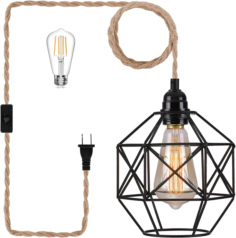 HXMLS Plug in Pendant Light Hanging Lights with Plug in Cord Ceiling Light Hemp Rope Hanging Lamp Farmhouse Cage Lampshade Lighting Fixtures with Switch for Kitchen Island Living Room Bedroom Home & Garden > Lighting > Lighting Fixtures Rowhalf   
