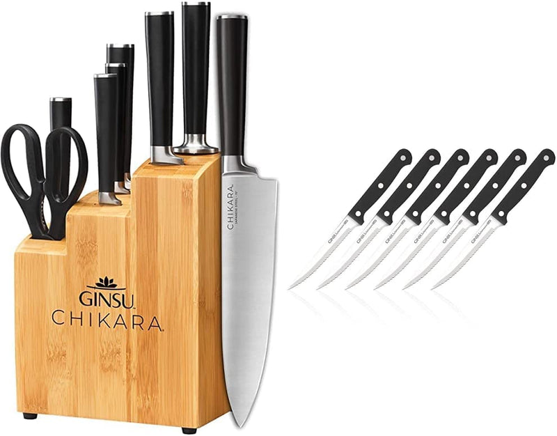 Ginsu Gourmet Chikara Series Forged 12-Piece Japanese Steel Knife Set – Cutlery Set with 420J Stainless Steel Kitchen Knives – Bamboo Finish Block,