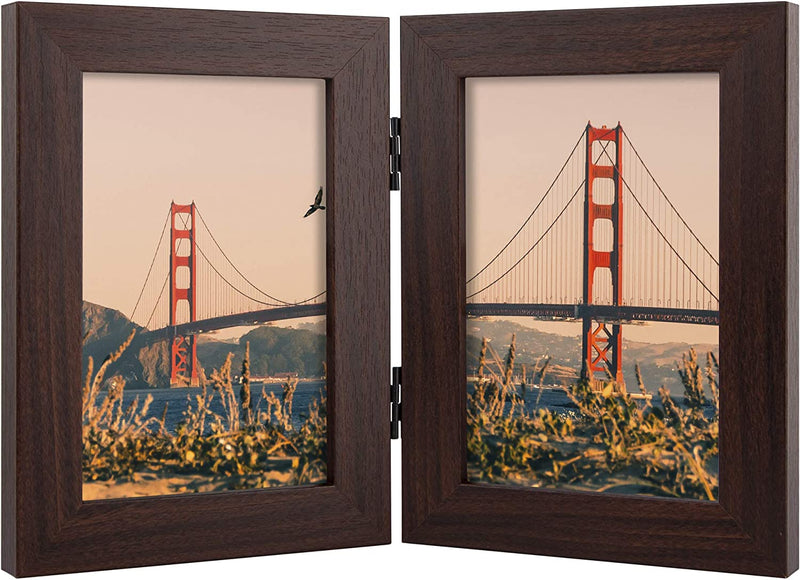 Frametory, 5X7 Hinged Picture Frame Displays 2 Photos, Double Frames with Glass, Side by Side Stands Vertically on Tabletop (Black) Home & Garden > Decor > Picture Frames Frametory Brown 4x6 (1-Pack) 