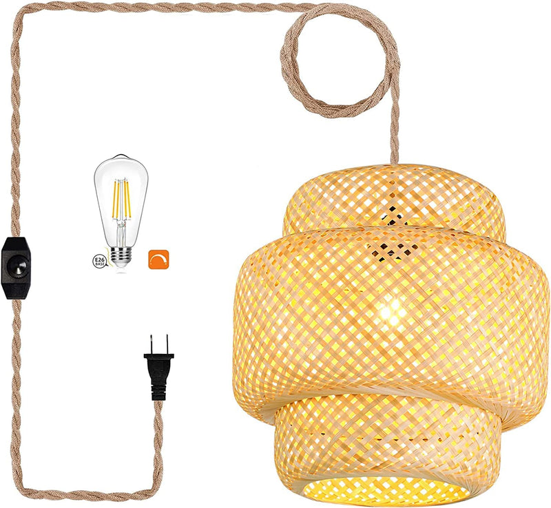 QIYIZM Boho Plug in Pendant Light Hanging Lights with Plug in Cord，Hanging Lamp with Handmade Macrame Lamp Shade and Hemp Rope Plug in Chandelier Light for Boho Bohemian Decor Bedroom Living Room
