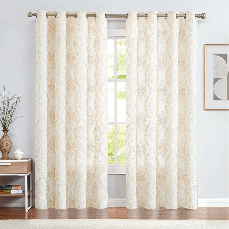 Linen Textured Curtains for Living Room Embroidered Design Window Curtains Light Filtering Flax Linen Look Window Treatment Set for Bedroom Grommet Top 2 Panels 96 Inch Length Gold Home & Garden > Decor > Window Treatments > Curtains & Drapes jinchan   