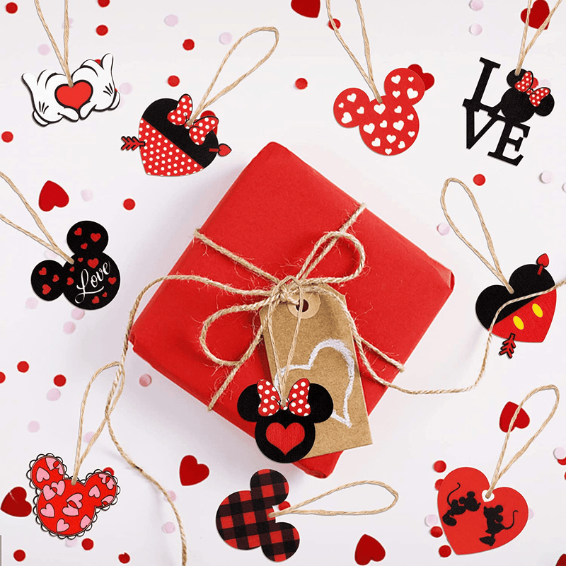 30Pcs Valentine’S Day Wooden Hanging Ornaments Mouse Love Kiss Heart Shaped Hanger Decorations Mouse Embellishments Crafts with Twine Valentines Gift for Wedding Engagement Anniversary Supplies Favor