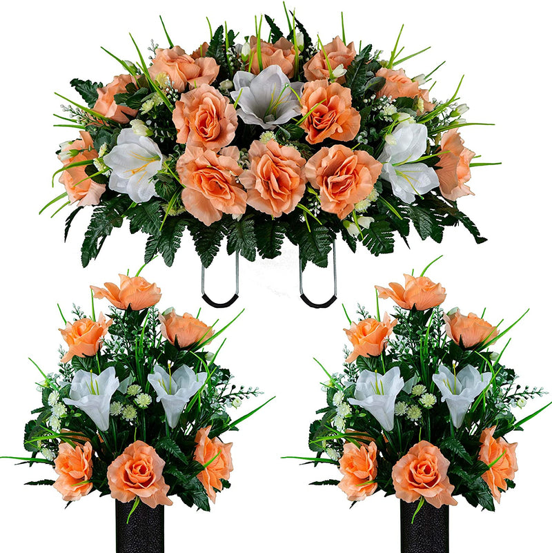 Sympathy Silks Artificial Cemetery Flowers – Realistic- Outdoor Grave Decorations - Non-Bleed Colors, and Easy Fit - Lavender Amaryllis & Purple Rose Saddle for Headstone Home & Garden > Decor > Seasonal & Holiday Decorations Rubys Silk Flowers Peach 2 Bouquets & Saddle 