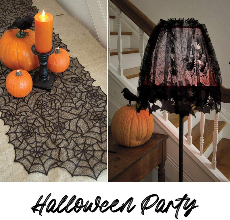 Beeager 5 Pack Halloween Spider Decorations Sets -Halloween Fireplace Mantel Scarf & round Table Cover & Lace Table Runner & Cobweb Lampshade & 60 Pcs Scary 3D Bat for Halloween Party Decors  Beeager   