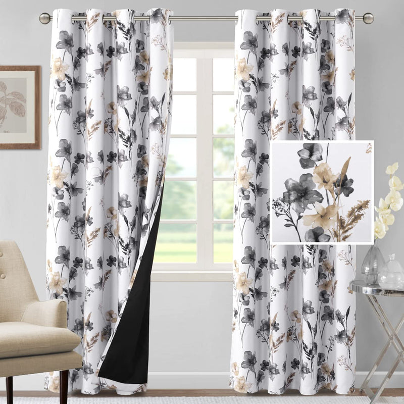 H.VERSAILTEX 100% Blackout Curtains 84 Inch Length 2 Panels Set Cattleya Floral Printed Drapes Leah Floral Thermal Curtains for Bedroom with Black Liner Sound Proof Curtains, Navy and Taupe Home & Garden > Decor > Window Treatments > Curtains & Drapes H.VERSAILTEX Grey/Taupe 52"W x 96"L 
