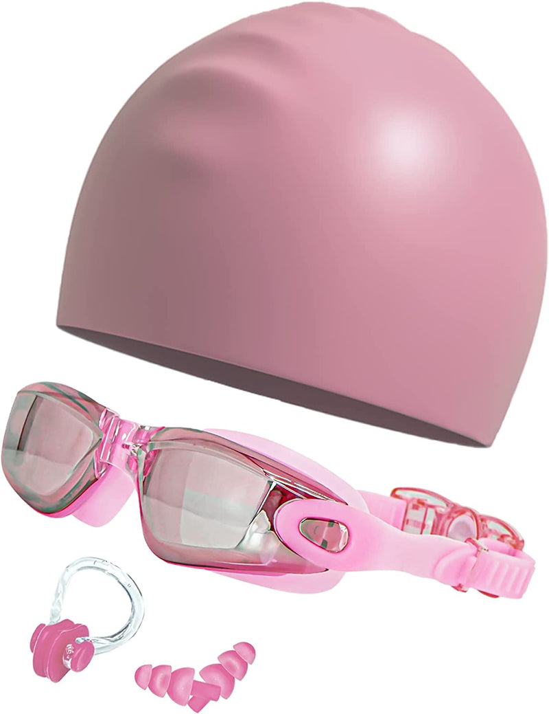 LJNYIE Adult Swim Swimming Goggles Glasses Gear for Womens Mens Youth Goggles Swim with Nose Cover Caps Ear Plugs anti Fog Sporting Goods > Outdoor Recreation > Boating & Water Sports > Swimming > Swim Goggles & Masks LJNYIE Mirrored Pink  