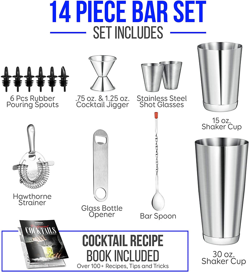 Nutrichef Mixology Bartender Cocktail Shaker Set - 15 & 30 Oz Stainless Steel Cocktail Bar Set Mix Drink Shaker Kit - Essentials Martini Making Kit Drink Mixing Starter Set - NCCS15PC (15 Piece Set) Home & Garden > Kitchen & Dining > Barware NutriChef   