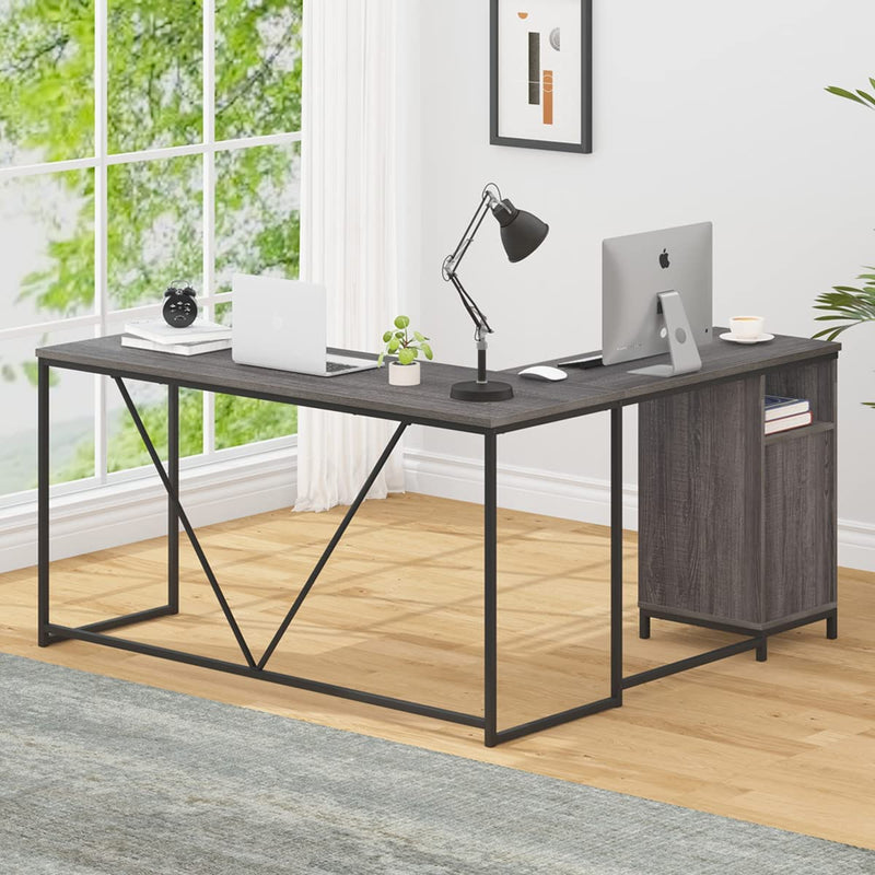 HSH L Shaped Computer Desk with Drawers Shelves for Storage, Rustic Wooden and Metal Home Office Desk, Reversible Corner Desk, Industrial Modern Work Writing Study Table Workstation, Grey 59 X 55 Inch