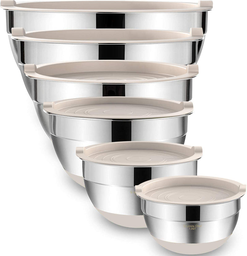 Mixing Bowls with Airtight Lids, 6 Piece Stainless Steel Metal Bowls by Umite Chef, Measurement Marks & Colorful Non-Slip Bottoms Size 7, 3.5, 2.5, 2.0,1.5, 1QT, Great for Mixing & Serving Home & Garden > Kitchen & Dining > Cookware & Bakeware Umite Chef Khaki  