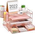 Marbrasse 4-Trays Desktop File Organizer with Pen Holder | Paper Letter Tray with Drawer and 2 Pen Holder | Mesh Office Supplies Desk Organizer for Home Office (Black) Home & Garden > Household Supplies > Storage & Organization Marbrasse Rose gold desk organizer  