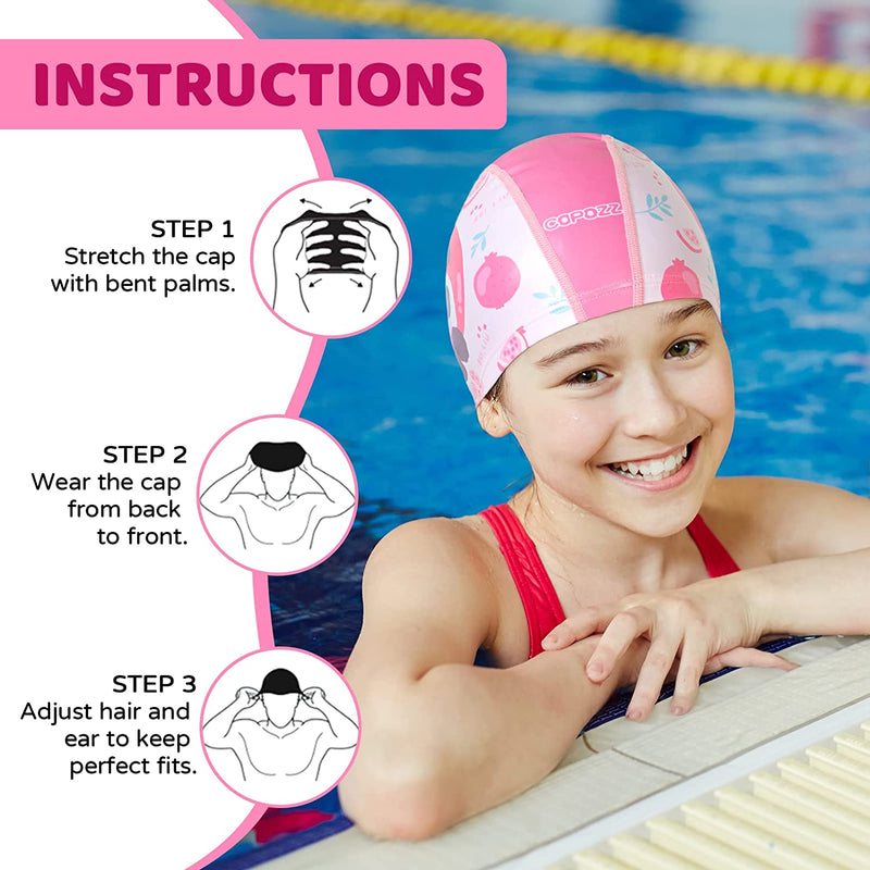 COPOZZ Swim Caps for Girls Boys, Quick Dry Fabric Kids Swimming Cap for Long and Short Hair, Spandex Swim Hats with High Elasticity for Age 5-12 Toddler Child Youth Sporting Goods > Outdoor Recreation > Boating & Water Sports > Swimming > Swim Caps COPOZZ   