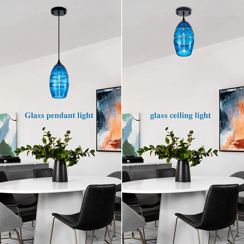 Modern Blue Glass Pendant Light,1-Light Mini Glass Oval Shade Pendant Lighting Fixture for Kitchen Island, Sink, Counter, Bar, Dining Room, Matte Black Finish Home & Garden > Lighting > Lighting Fixtures Faibra   