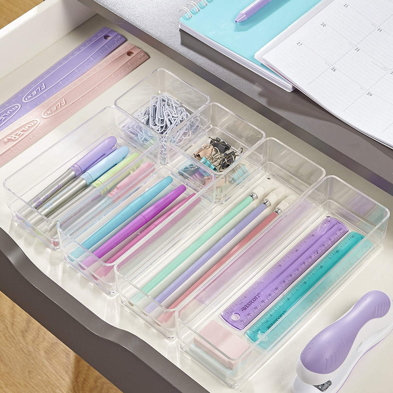 Stori Simplesort 6-Piece Stackable Clear Drawer Organizer Set | Multi-Size Trays | Small Makeup Vanity Storage Bins and Office Desk Drawer Dividers | Made in USA