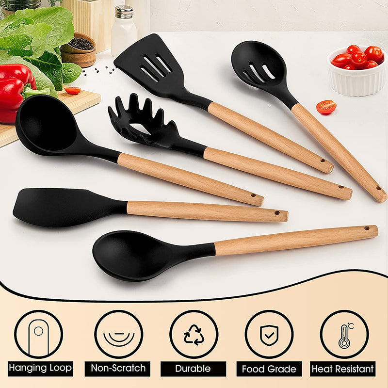 Cooking Utensils Set of 6, E-Far Silicone Kitchen Utensils with Wooden Handle, Non-Stick Cookware Friendly & Heat Resistant, Includes Spatula/Ladle/Slotted Turner/Serving Spoon/Spaghetti Server(Black) Home & Garden > Kitchen & Dining > Kitchen Tools & Utensils E-far   