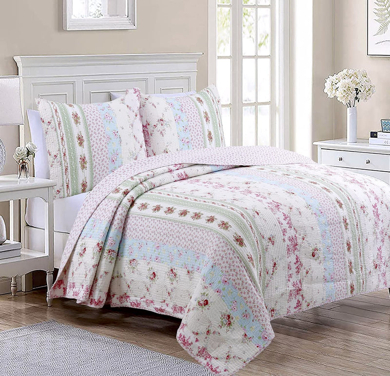 Cozy Line Home Fashions 100% Cotton Real Patchwork Pink Blue Green Reversible Quilt Bedding Set, Bedspread, Coverlet (Pink Plaid, Twin - 2 Piece) Home & Garden > Linens & Bedding > Bedding Cozy Line Home Fashions Wild Rose Queen - 3 Piece 