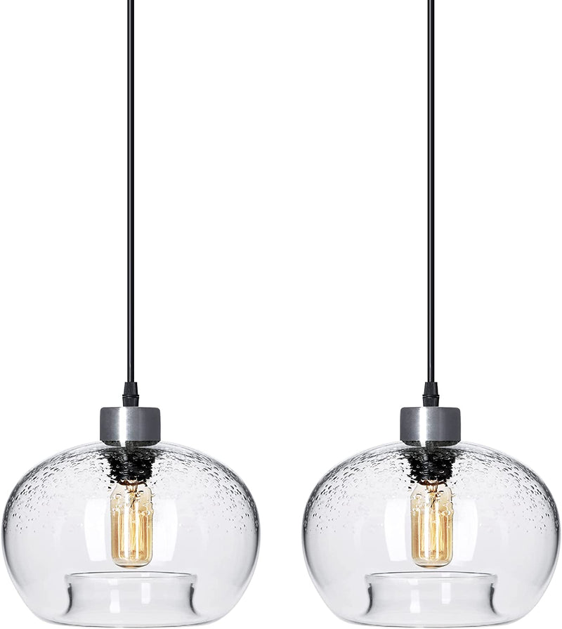 CASAMOTION Pendant Lighting Blown Glass Kitchen Island Lights Clear Bubble Brushed Nickel 9" Diam 2-Pack