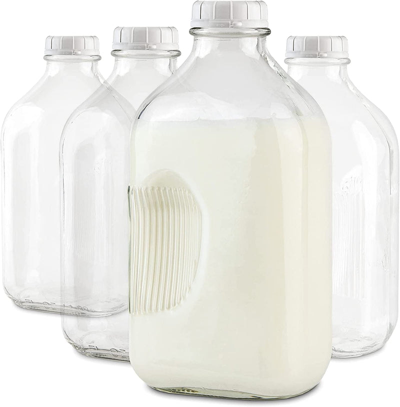 32-Oz Glass Milk Bottles with 8 White Caps (4 Pack) - Food Grade Milk Jars with Lids - Dishwasher Safe - Bottles for Milk, Buttermilk, Honey, Maple Syrup, Jam, Barbecue Sauce- Stock Your Home Home & Garden > Decor > Decorative Jars Stock Your Home 4 64 oz 