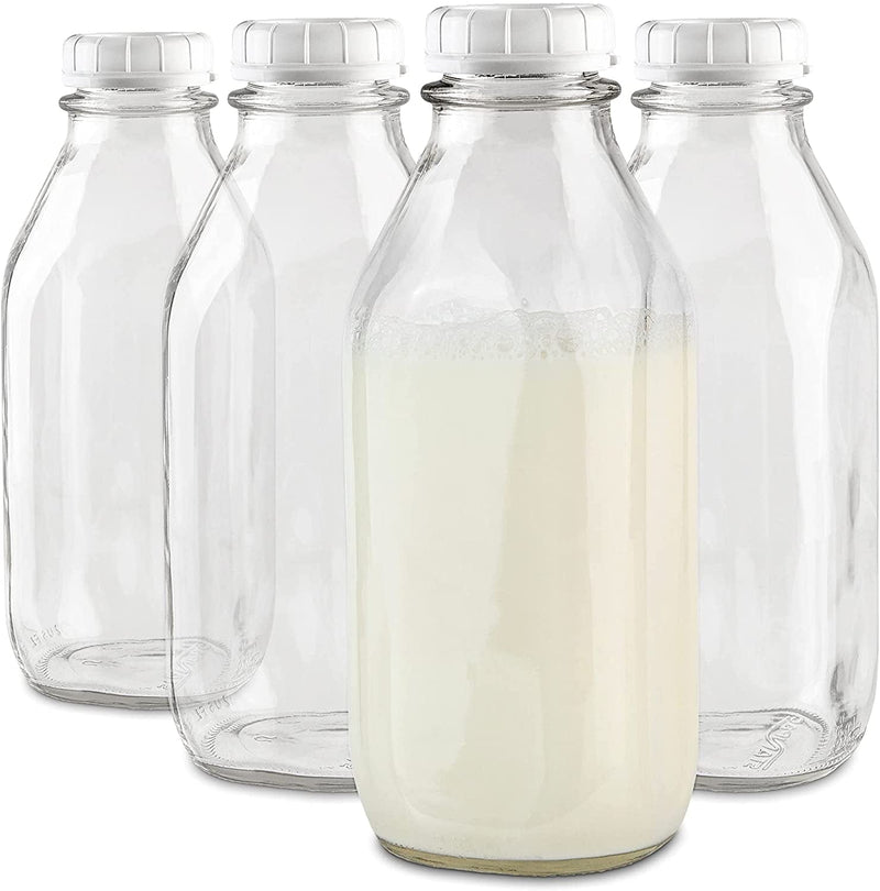 32-Oz Glass Milk Bottles with 8 White Caps (4 Pack) - Food Grade Milk Jars with Lids - Dishwasher Safe - Bottles for Milk, Buttermilk, Honey, Maple Syrup, Jam, Barbecue Sauce- Stock Your Home Home & Garden > Decor > Decorative Jars Stock Your Home 4 32 oz 