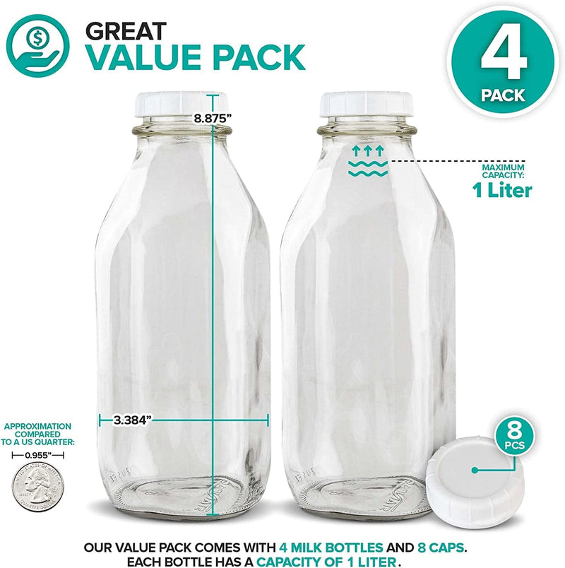 32-Oz Glass Milk Bottles with 8 White Caps (4 Pack) - Food Grade Milk Jars with Lids - Dishwasher Safe - Bottles for Milk, Buttermilk, Honey, Maple Syrup, Jam, Barbecue Sauce- Stock Your Home Home & Garden > Decor > Decorative Jars Stock Your Home   