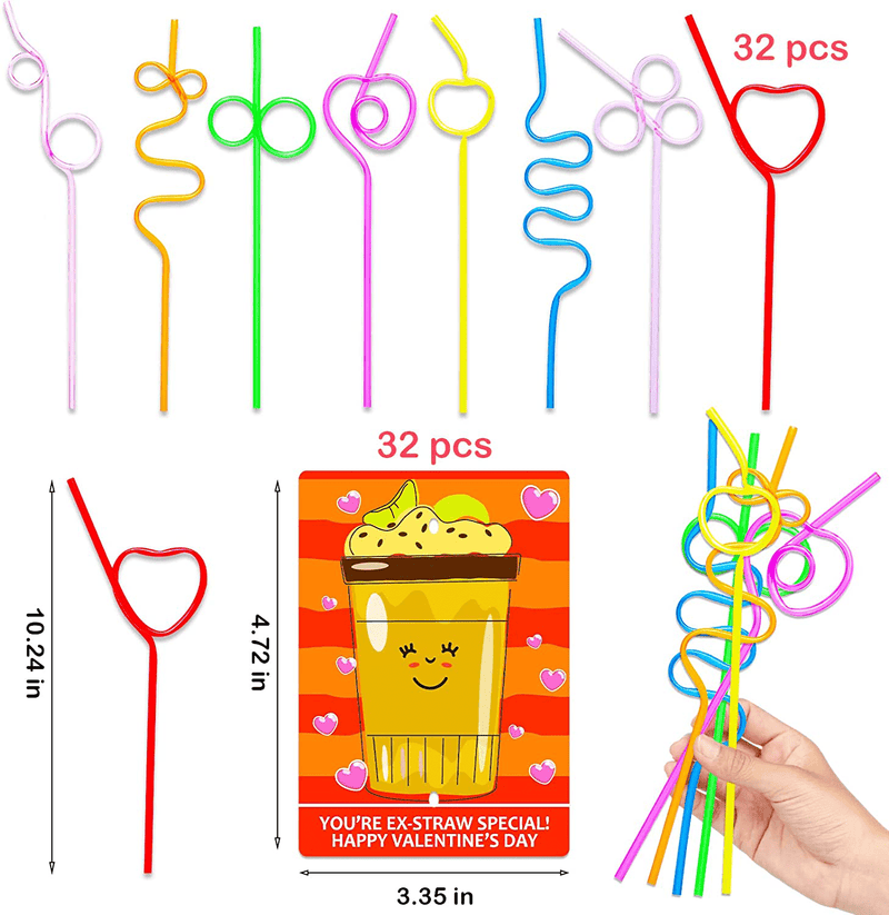 32 Pack Valentines Day Cards with Loop Reusable Drinking Straws for Kids, Valentines Gift Set, Fun Valentines Party Favors for Boys Girls, Classroom Exchange Treat Prizes Bulk for School Class Teacher