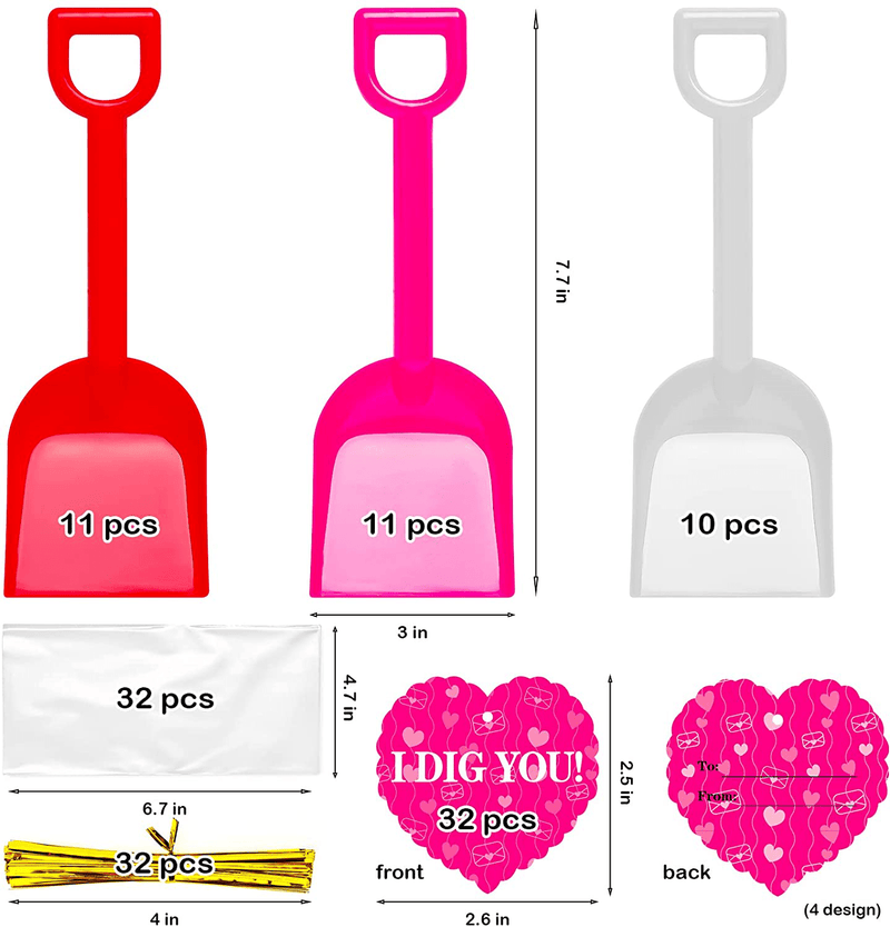 32 Pack Valentines Day Cards with Toy Plastic Shovel I Dig You Treat Bag Bulk for Kids, Valentines Gifts for Boys Girls, Fun Valentines Party Favors, Classroom Exchange Prizes for School Class Teacher Home & Garden > Decor > Seasonal & Holiday Decorations DOCIEA   