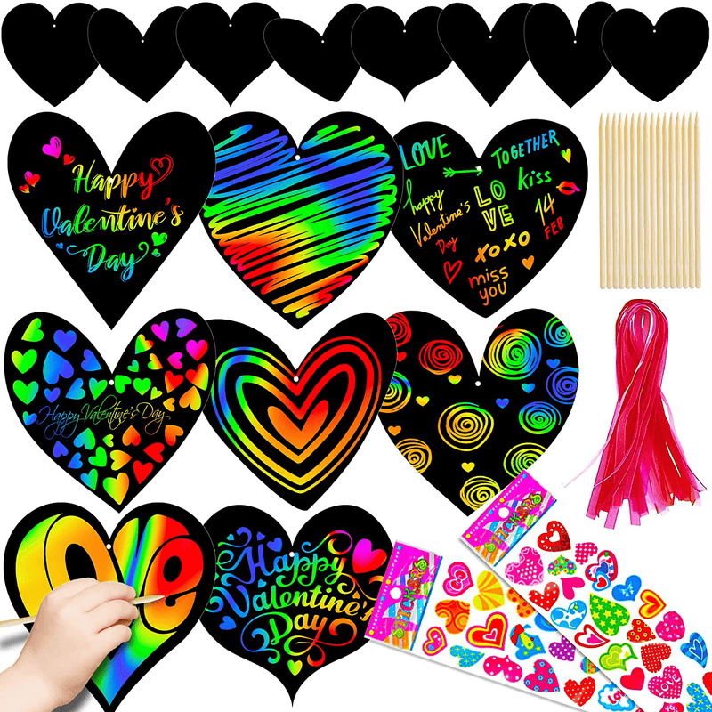 32 Pack Valentines Day Gifts for Kids, Valentines Heart Shaped Scratch Cards, Rainbow Scratch Paper Hand Art Craft for Boys Girls, Valentines Party Favors, Classroom Exchange Prizes for School Class