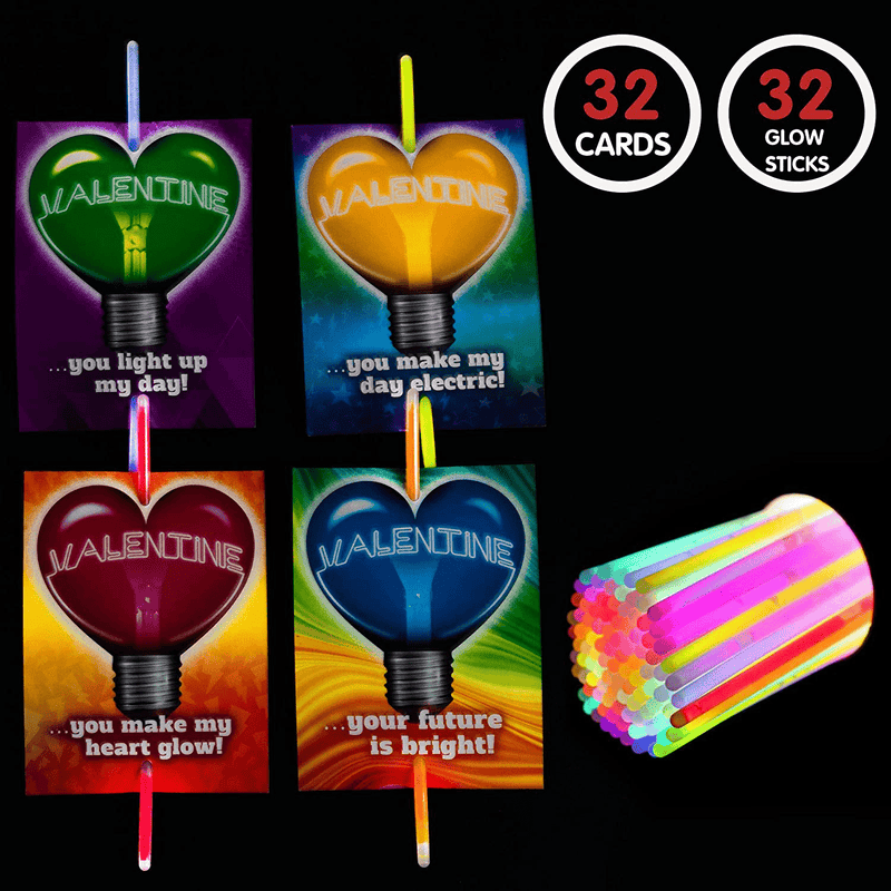32 Pcs Neon Valentines Day Cards with 32 Glow Sticks for Valentine Classroom Exchange Cards and Valentine'S Party Favor Home & Garden > Decor > Seasonal & Holiday Decorations JOYIN   