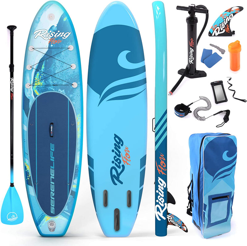 Serenelife Inflatable Stand up Paddle Board (6 Inches Thick) with Premium SUP Accessories & Carry Bag | Wide Stance, Bottom Fin for Paddling, Surf Control, Non-Slip Deck | Youth & Adult Standing Boat Sporting Goods > Outdoor Recreation > Fishing > Fishing Rods SenerelifeHome Blue Wave Paddle Board 