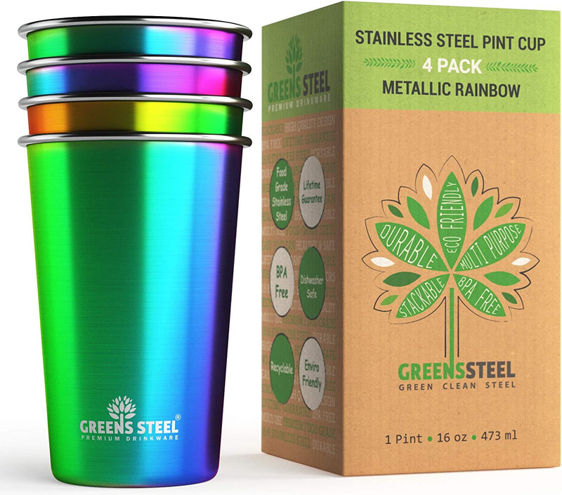 Stainless Steel Cups 16 Oz Pint Tumbler (4 Pack) - Premium Metal Drinking Glasses | Stackable Durable Cup (16 Oz Rainbow) Home & Garden > Kitchen & Dining > Tableware > Drinkware Greens Steel 16 oz - Rainbow  