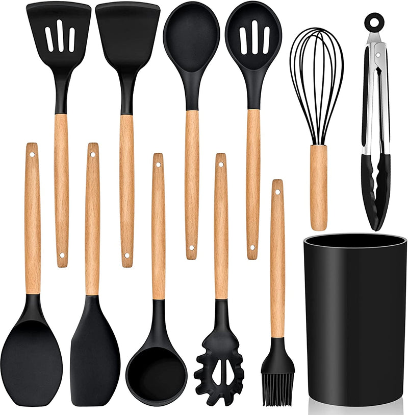 Cooking Utensils Set of 6, E-Far Silicone Kitchen Utensils with Wooden Handle, Non-Stick Cookware Friendly & Heat Resistant, Includes Spatula/Ladle/Slotted Turner/Serving Spoon/Spaghetti Server(Black) Home & Garden > Kitchen & Dining > Kitchen Tools & Utensils E-far Black 12 