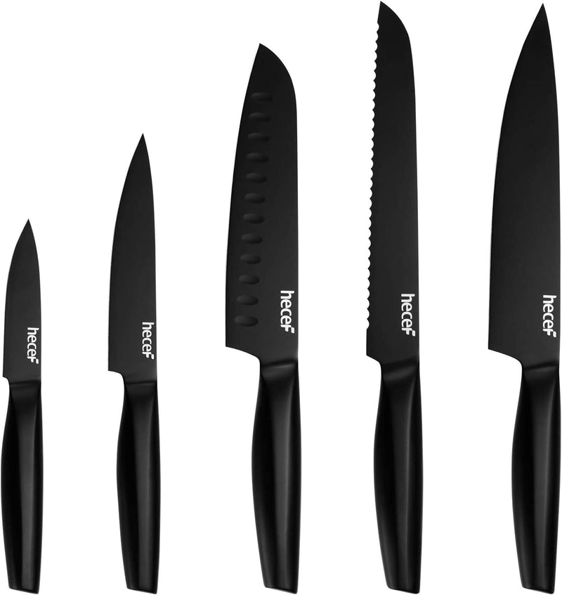 Hecef Gradient Black Kitchen Knife Set of 5, Chef Knife Set with Satin Finished Blade & Hollow Handle & Protective Sheaths, Includes Chef, Santoku, Bread, Utility & Paring Knife Home & Garden > Kitchen & Dining > Kitchen Tools & Utensils > Kitchen Knives hecef Black  