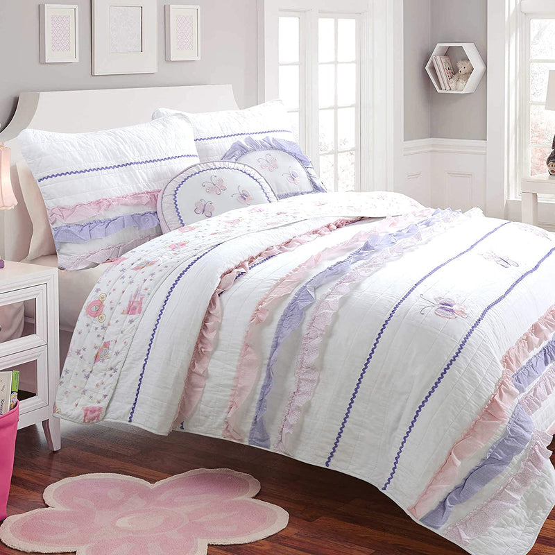 Cozy Line Home Fashions Colorful Striped Ruffle Floral 100% Cotton Reversible Girl Quilt Bedding Set, Reversible Coverlet Bedspread (Rainbow, Queen - 3 Piece) Home & Garden > Linens & Bedding > Bedding Cozy Line Home Fashions Lilac Butterfly Twin 