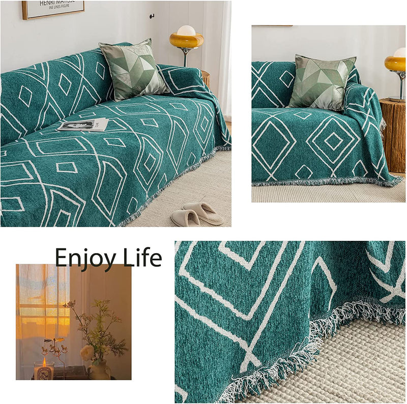 ROOMLIFE Green Geometric Rhomboid Pattern Couch Cover for 2-3 Cushion Sectional Couch Thick Cozy Chenille Sofa Covers Multifunction Sofa Slipcover Furniture Protector for Dogs Pet,71"X118" Home & Garden > Decor > Chair & Sofa Cushions ROOMLIFE   