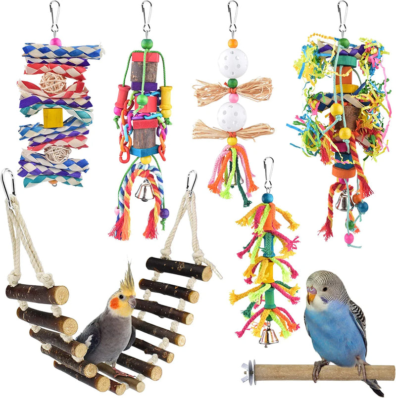 KATUMO Small Bird Toys, Natural Wood Ladder Colorful Bamboo Hanging Shredding Toys Parrot Chew Wooden Blocks Bird Perch for Parakeets, Conures, Cockatiels, Budgies, Love Birds and Other Small Birds Animals & Pet Supplies > Pet Supplies > Bird Supplies > Bird Toys KATUMO   