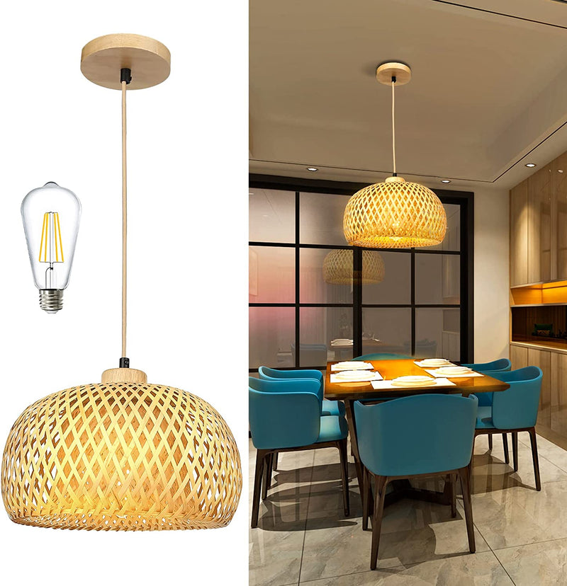 Frideko Hand-Woven Bamboo Pendant Light Natural Wicker Rattan Hanging Light Fixture Basket Lampshade Pendant Lamp Wicker Chandeliers for Kitchen Island Farmhouse Living Room Dining Room(Bulb Included)