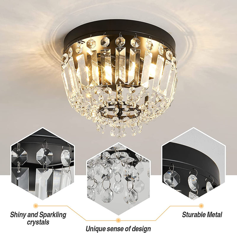 CVKASH 2-Light Crystal Mini Ceiling Light Fixture，Modern Semi Flushmount Closet Chandelier，Ceiling Lamp for Hallway Bedroom Kitchen Bathroom D9.84 X H7.87 E26 Bulb Base（Black） Home & Garden > Lighting > Lighting Fixtures > Chandeliers CVKASH   