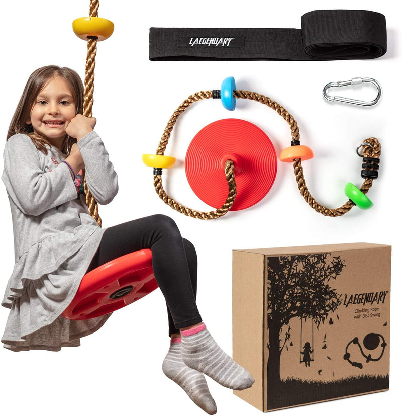 LAEGENDARY Tree Swing for Kids - Single Disk Outdoor Climbing Rope W/ Platforms, Carabiner & 4 Ft Tree Strap - Playground Accessories - Multicolored Sporting Goods > Outdoor Recreation > Winter Sports & Activities LAEGENDARY Multicolored  