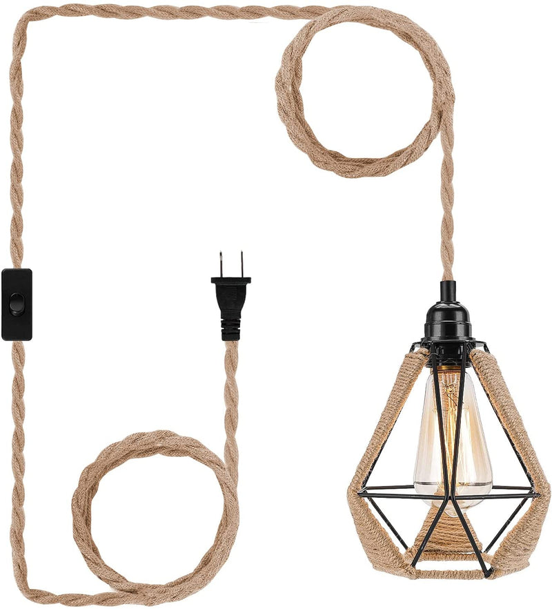 Industrial Plug in Pendant Light - 16.4Ft Hanging Lights with Plug in Cord Hemp Rope Hanging Lamp Farmhouse Hanging Light Fixtures with On/Off Switch for Kitchen Island Bedroom Living Room Home & Garden > Lighting > Lighting Fixtures FRIDEKO HOME Diamond Lampshade with Hemp Rope  