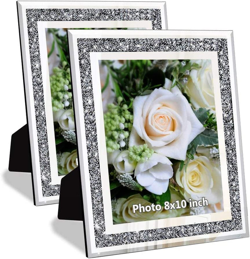 Crushed Diamond Wedding Mirror Photo Frame, Crystal Silver Glass Picture Frame for Photograph Size 11X14 Inch with Mat for 8X10Inch, Pack of 2 Pieces Wall Frame. Bling Sparkle Crushed Diamond Home Decor. Home & Garden > Decor > Picture Frames MY 8x10  