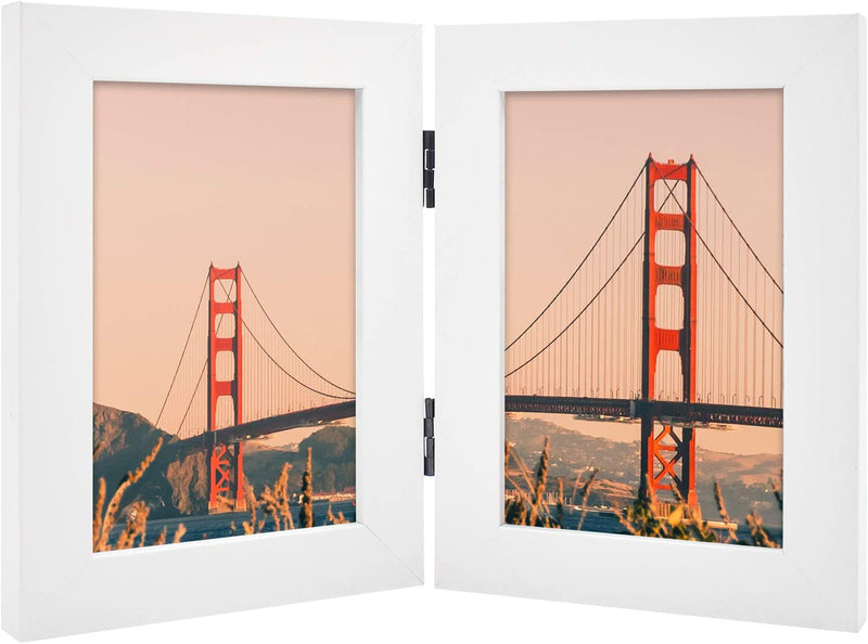 Frametory, 5X7 Hinged Picture Frame Displays 2 Photos, Double Frames with Glass, Side by Side Stands Vertically on Tabletop (Black) Home & Garden > Decor > Picture Frames Frametory White 4x6 (1-Pack) 