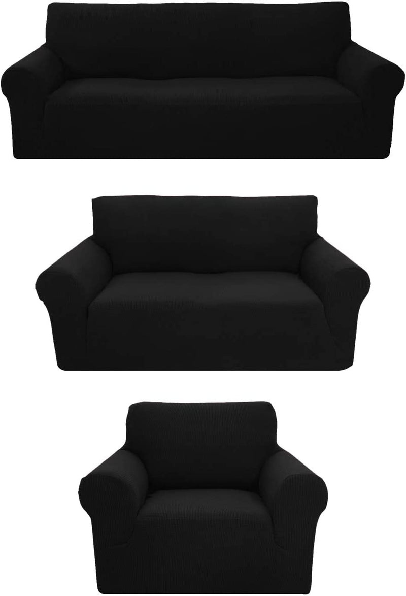 Sapphire Home 3-Piece Brushed Premium Slipcover Set for Sofa Loveseat Couch Arm Chair, Form Fit Stretch, Wrinkle Free, Furniture Protector Set for 3/2/1 Cushion, Polyester Spandex, 3Pc, Brushed, Brown Home & Garden > Decor > Chair & Sofa Cushions Sapphire Home Black 3pc set (Sofa, Love, Chair) 