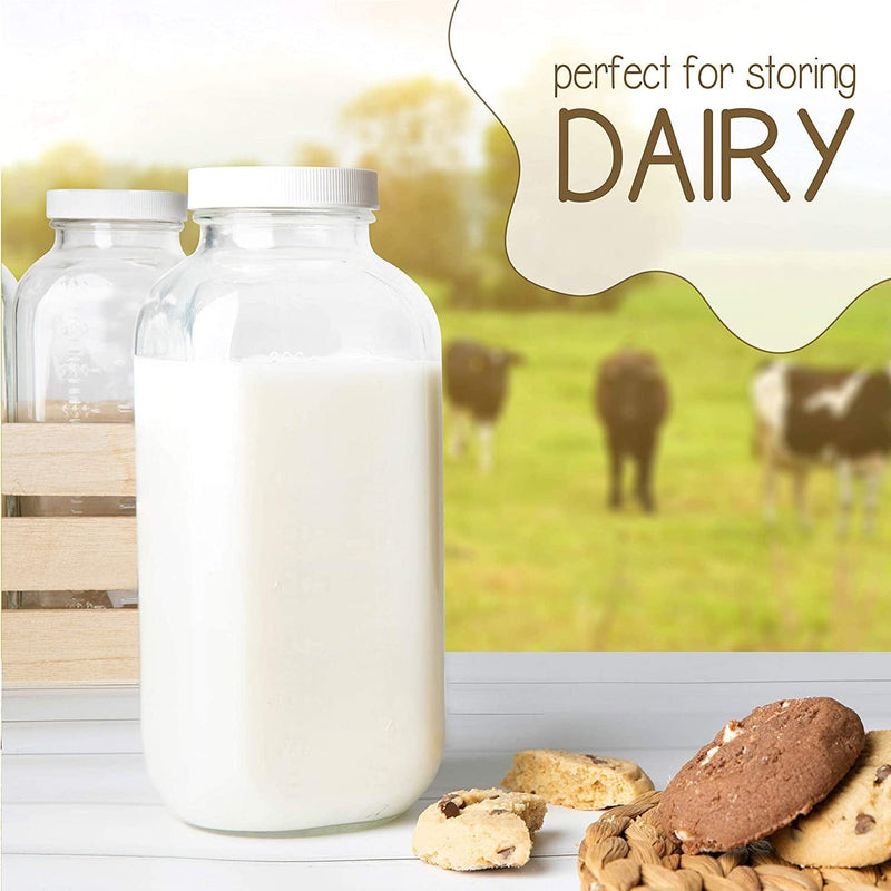 32Oz Square Glass Milk Bottle with Plastic Airtight Lids Vintage Reusable Quart Sized Dairy Drinking Containers for Milk, Yogurt, Smoothies, Kefir, Kombucha, and Water- Pack of 2 Home & Garden > Decor > Decorative Jars kitchentoolz   