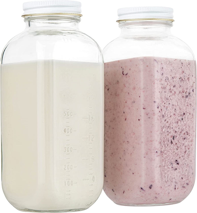 32Oz Square Glass Milk Bottle with White Metal Airtight Lids - Vintage Reusable Milk Jugs - Dairy Drinking Containers for Milk, Yogurt, Smoothies, Kefir, Kombucha, and Water- by Kitchentoolz Home & Garden > Decor > Decorative Jars kitchentoolz   