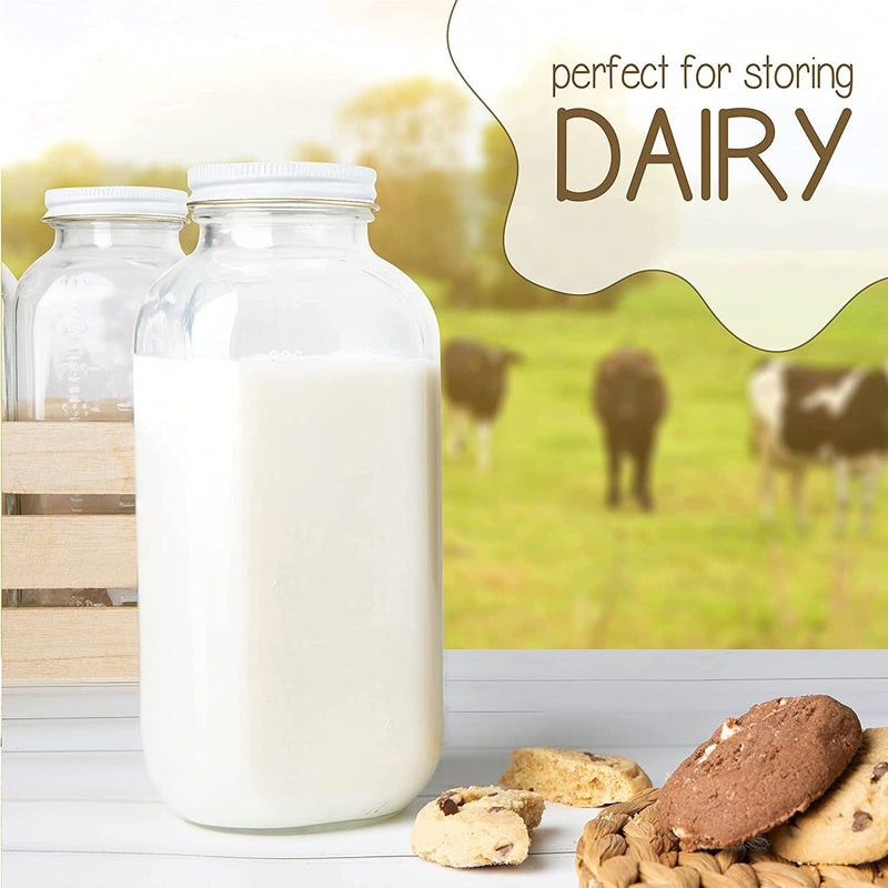 32Oz Square Glass Milk Bottle with White Metal Airtight Lids - Vintage Reusable Milk Jugs - Dairy Drinking Containers for Milk, Yogurt, Smoothies, Kefir, Kombucha, and Water- by Kitchentoolz Home & Garden > Decor > Decorative Jars kitchentoolz   