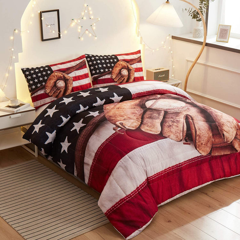 Namoxpa Baseball American Flag Comforter Sets,Baseball Bat and Ball on Foreground of Star-Spangled Banner National Sports,Decorative 3 Piece Bedding Comforter Sets with 2 Pillow Shams, Queen Size Home & Garden > Linens & Bedding > Bedding > Quilts & Comforters Namoxpa   