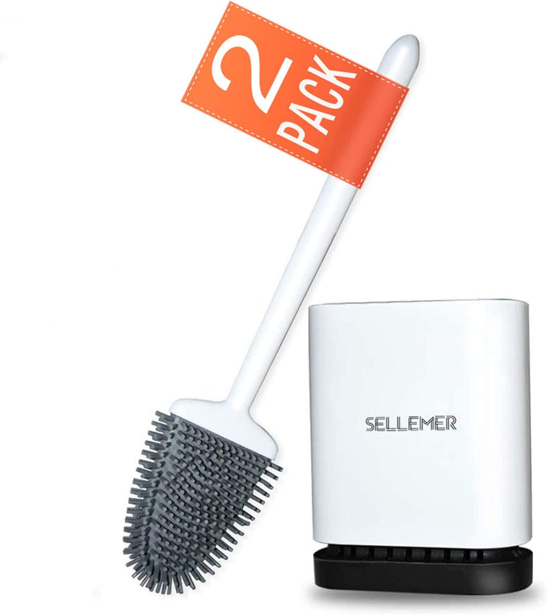 Sellemer Toilet Brush and Holder 2 Pack for Bathroom, Flexible Toilet Bowl Brush Head with Silicone Bristles, Compact Size for Storage and Organization, Ventilation Slots Base (White) Home & Garden > Household Supplies > Storage & Organization Sellemer White 2 PACK 